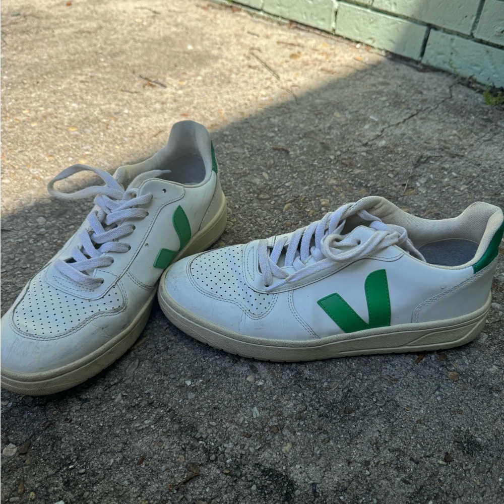 Veja White and Green Athletic Shoes